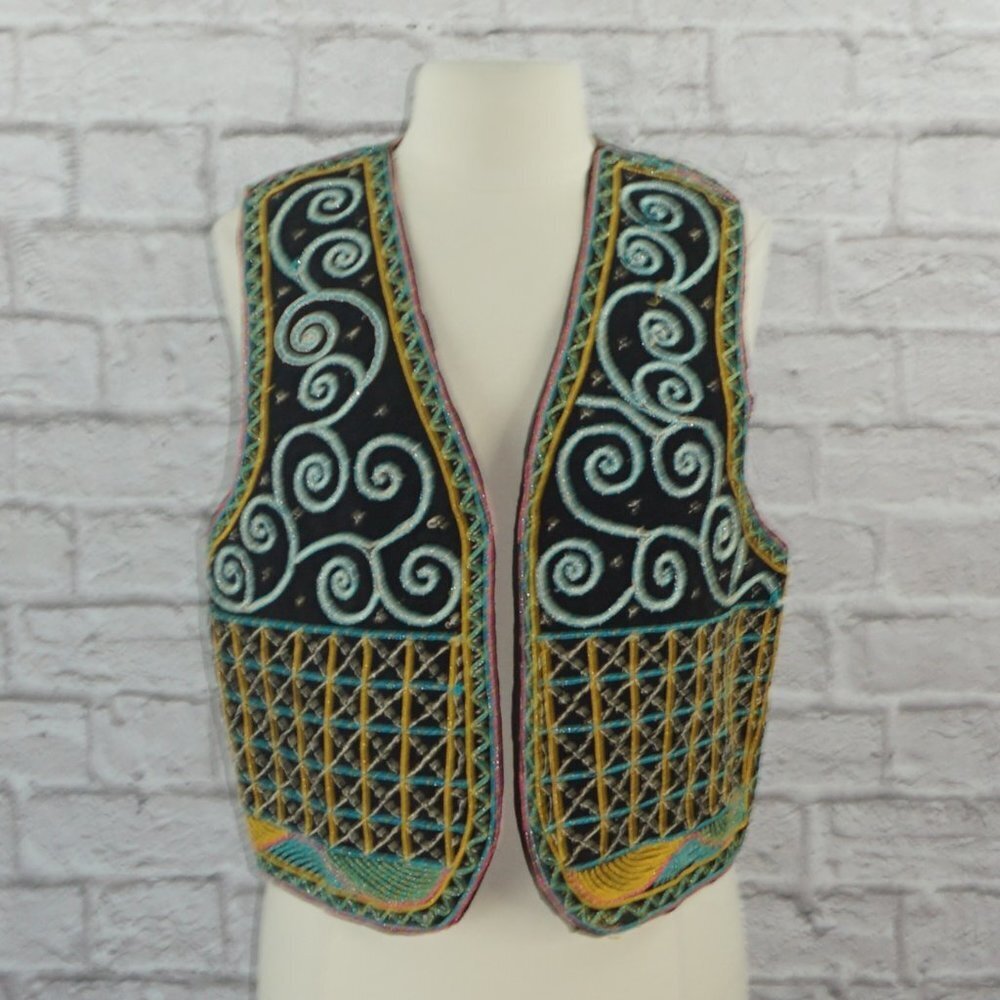 Vintage 70s Embroidered Sequin Cotton Vest